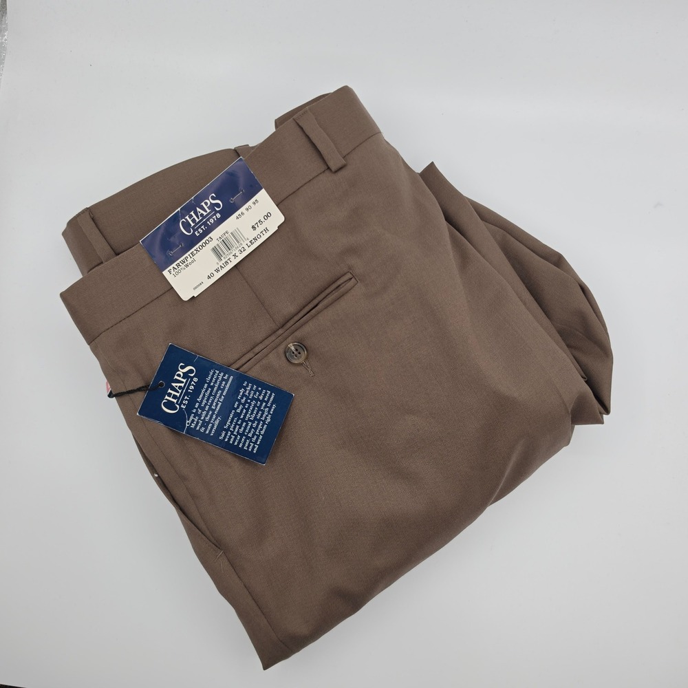 Chaps Dress Pants Mens 40x32 Taupe Brown NEW 100% Wool Pleated Office Businessβ